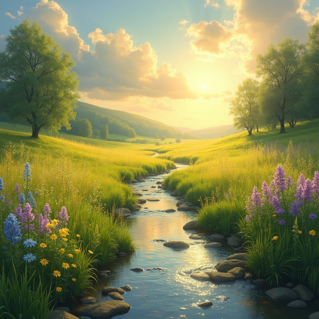 Golden Meadow with Stream in Impressionist Style