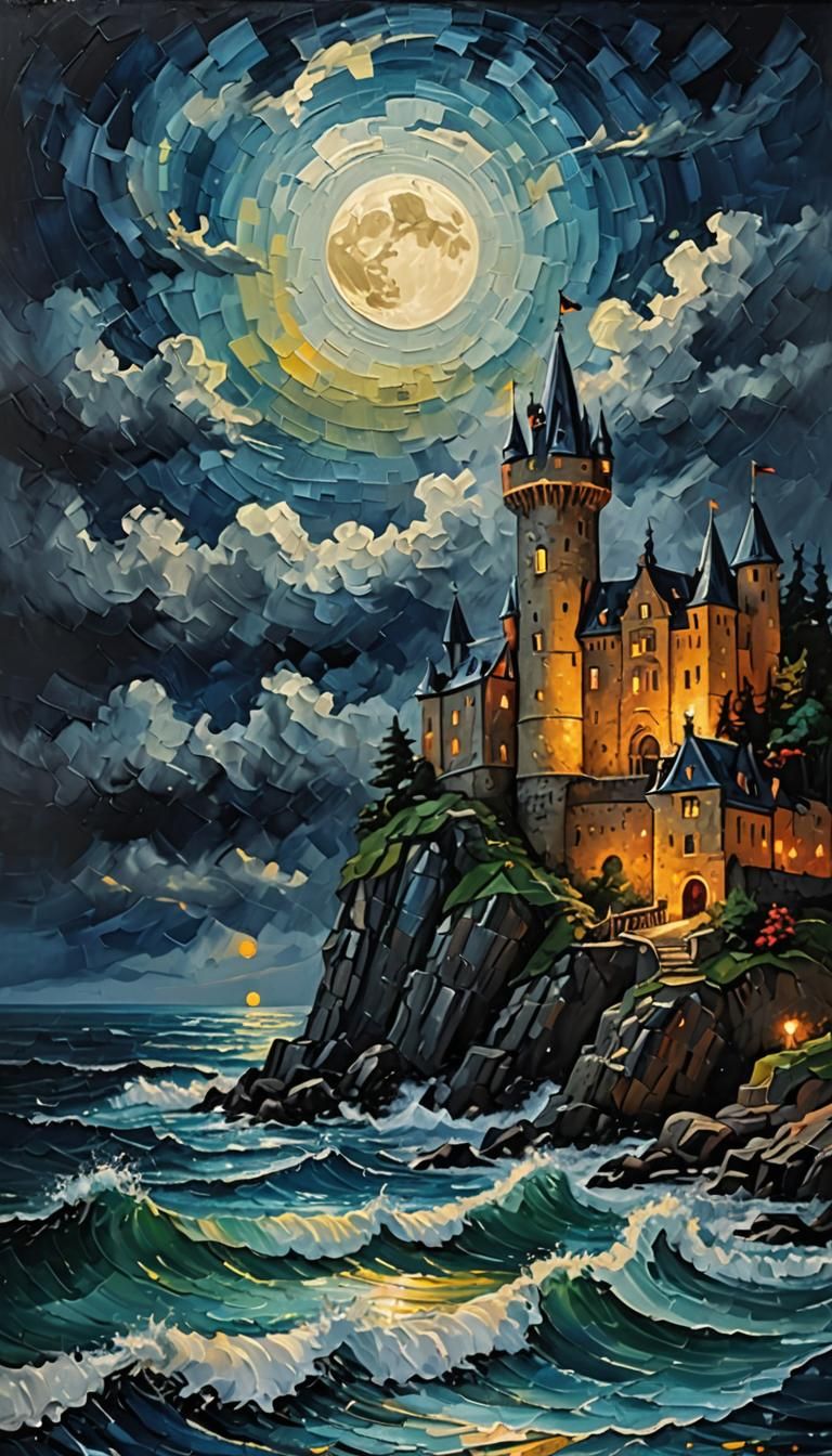 Medieval Castle Under Stormy Moonlight: Impasto Painting