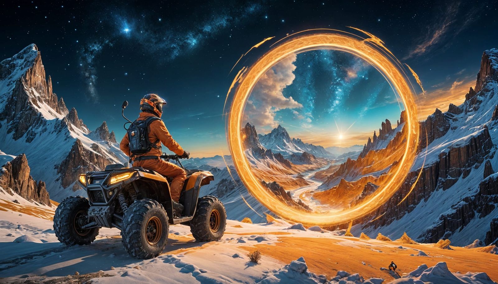 Figure on ATV Approaches Alien Portal on Mountain Ridge