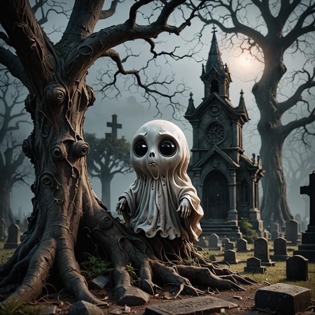 Cute Ghost in Cemetery: 3D Rendered Scene