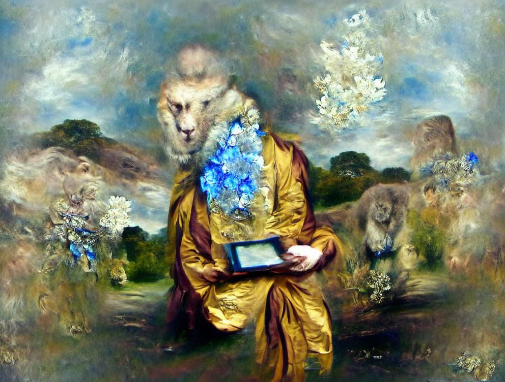 Lion Monk with Crystal Book as Oil Painting
