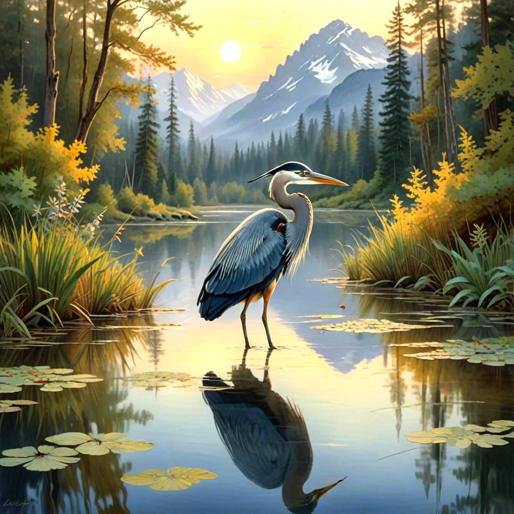 Watercolor Heron in Sunset Woods