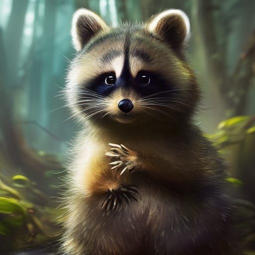 Steampunk Raccoon Portrait in Forest with Fireflies