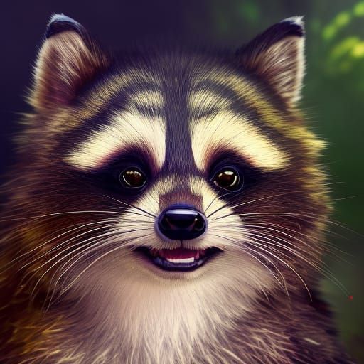 Steampunk Raccoon Portrait in Forest with Fireflies