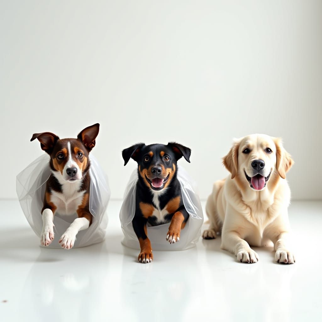 Dogs Freed from Plastic Packaging in Whimsical Studio Escape