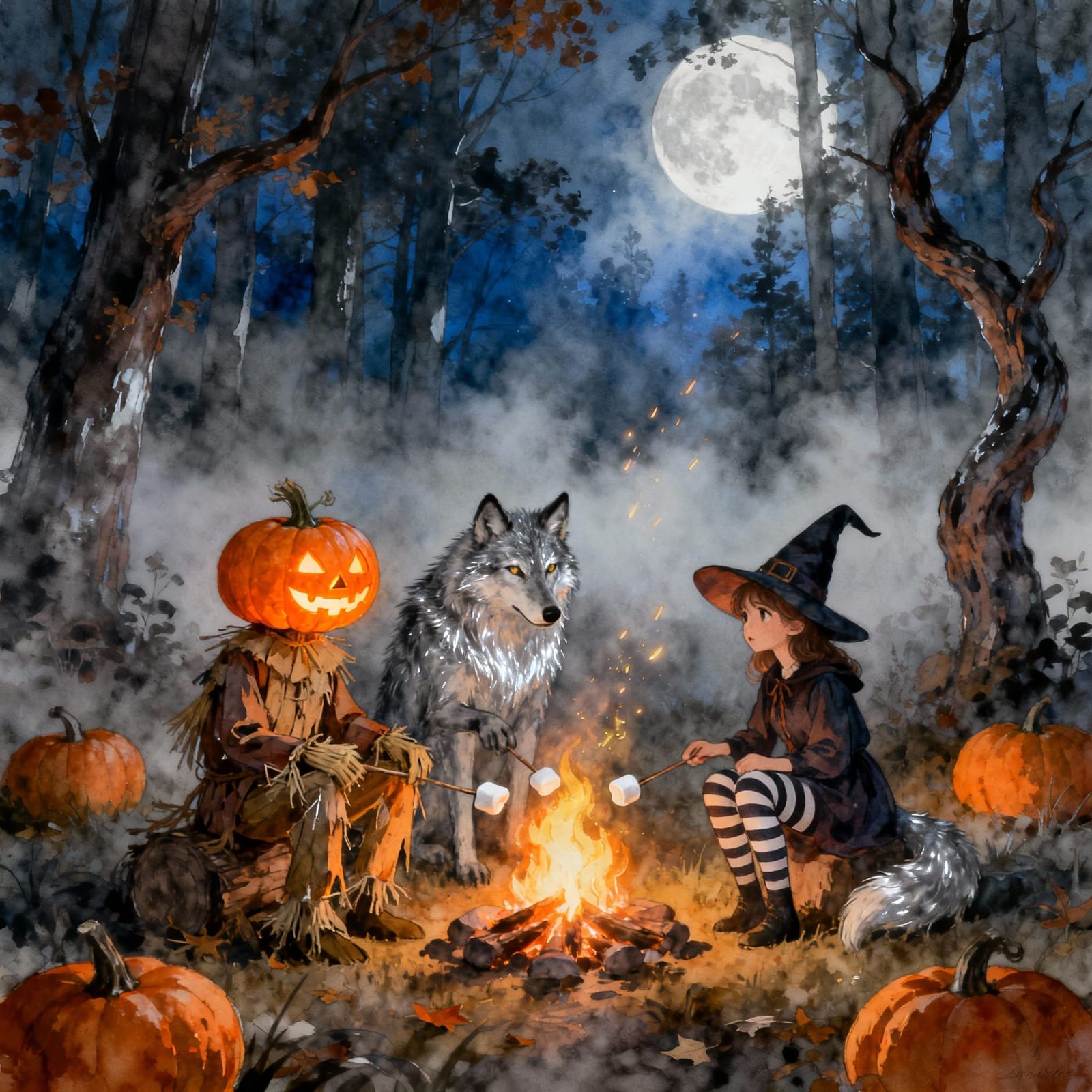 Magical Halloween Night With Friends Around Campfire