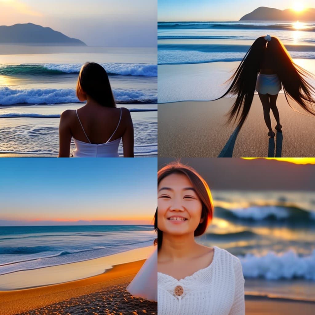 Beautiful Japanese Lady on Beach at Sunset