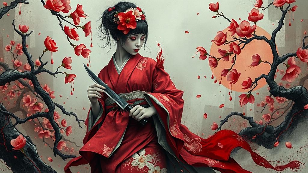 Ethereal Horror Geisha with Japanese Knife in Surreal Dreams...