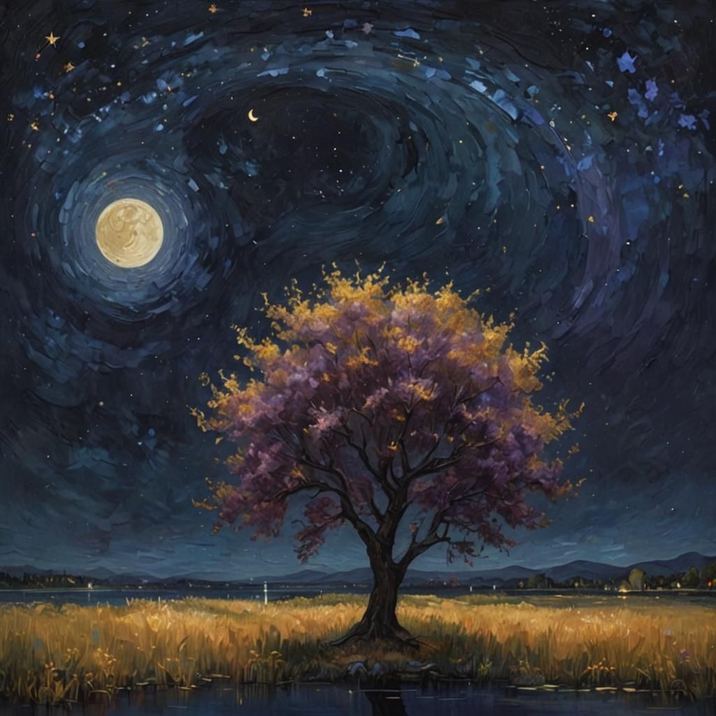 Serene Night Sky Over Lake as Oil Painting