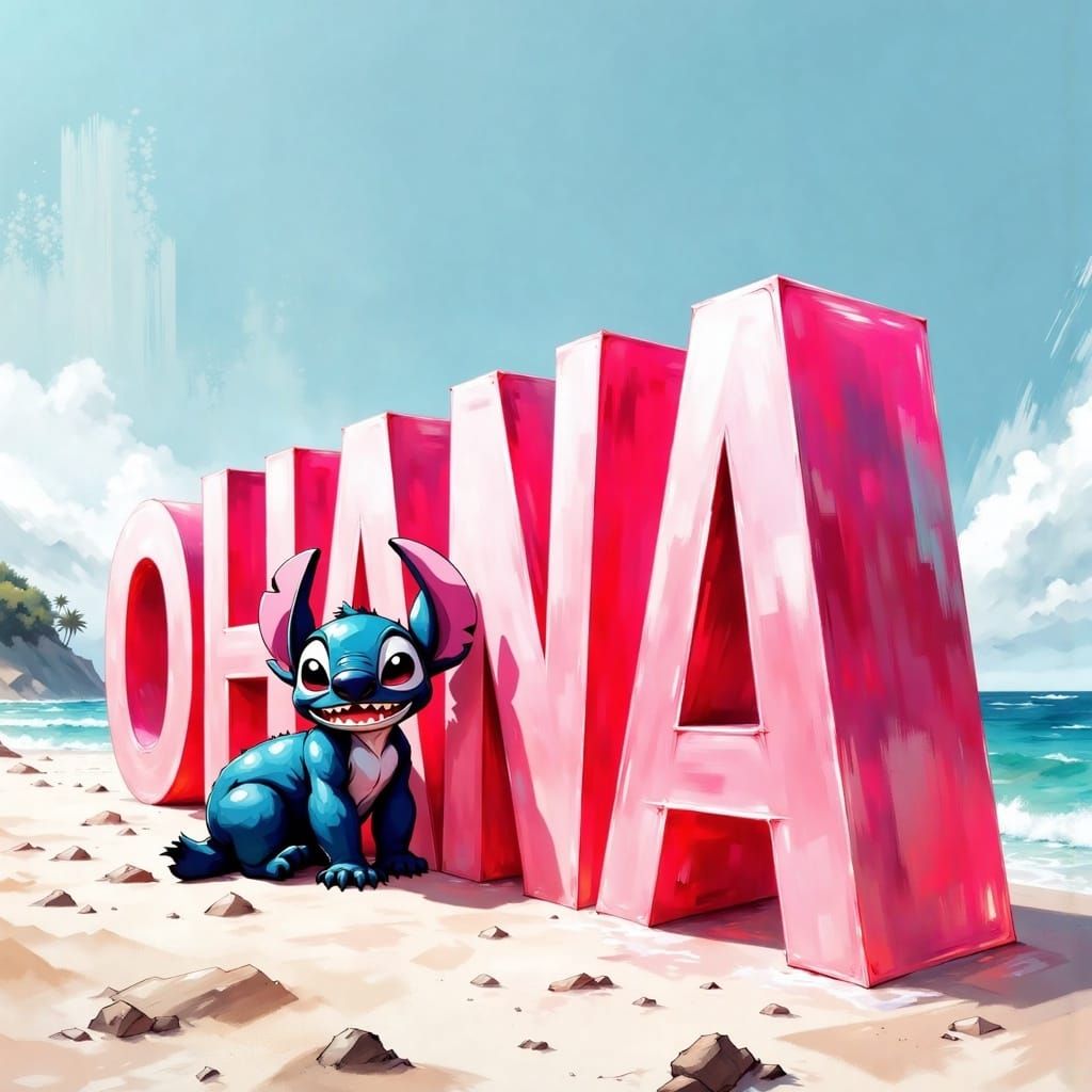 Stitch Leaning on 'OHANA' Letters on Beach