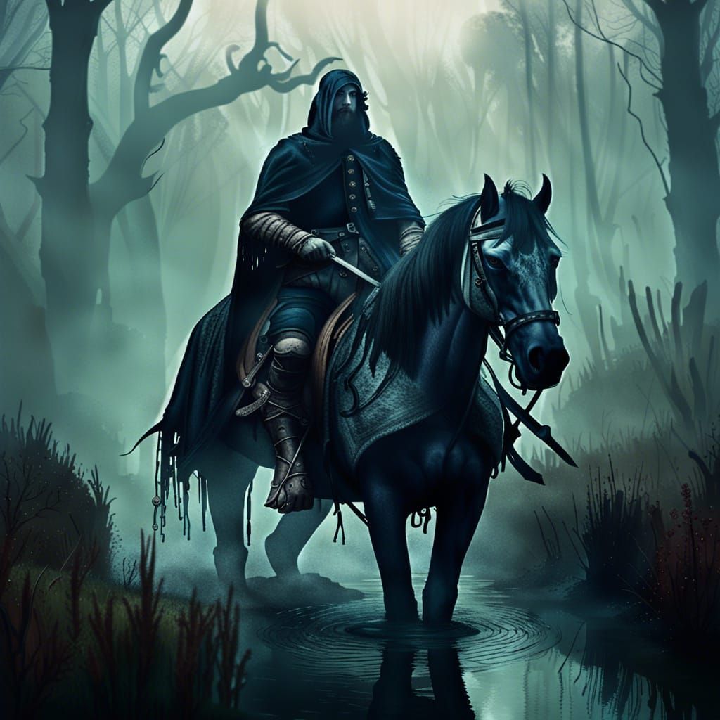 Gothic Horseman Rides Through Misty Monster Swamp