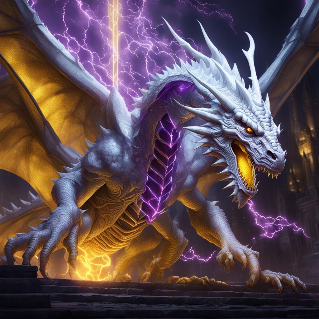 White Dragon Channels Electricity: Dark Fantasy Art