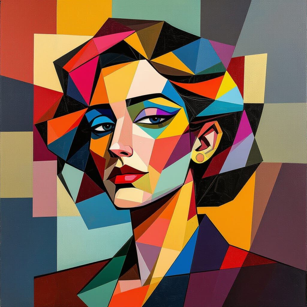 Cubist Figure Glitching in Digital Realm, Oil Painting Style