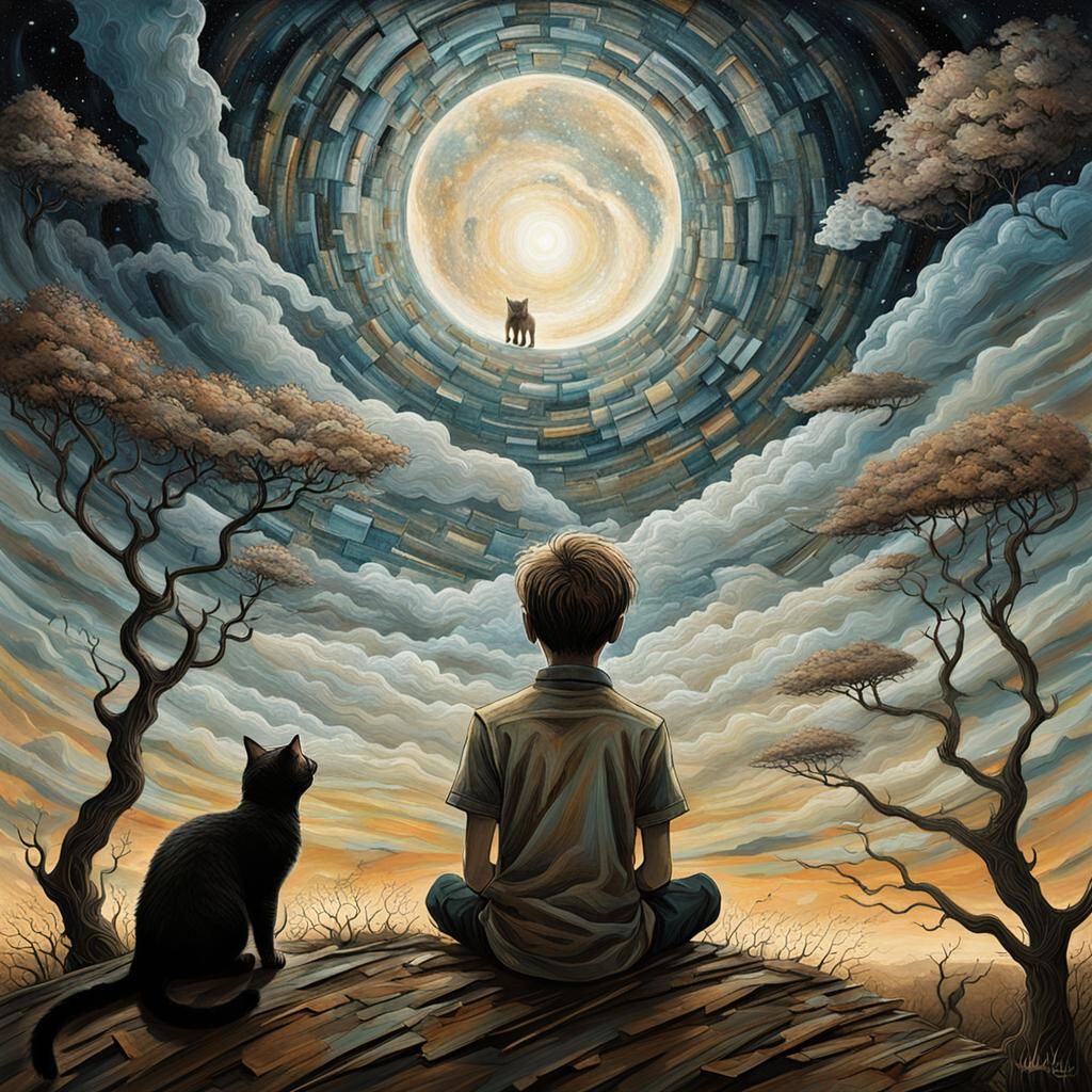 Boy and Cat Gazing Skyward in Dreamlike Art