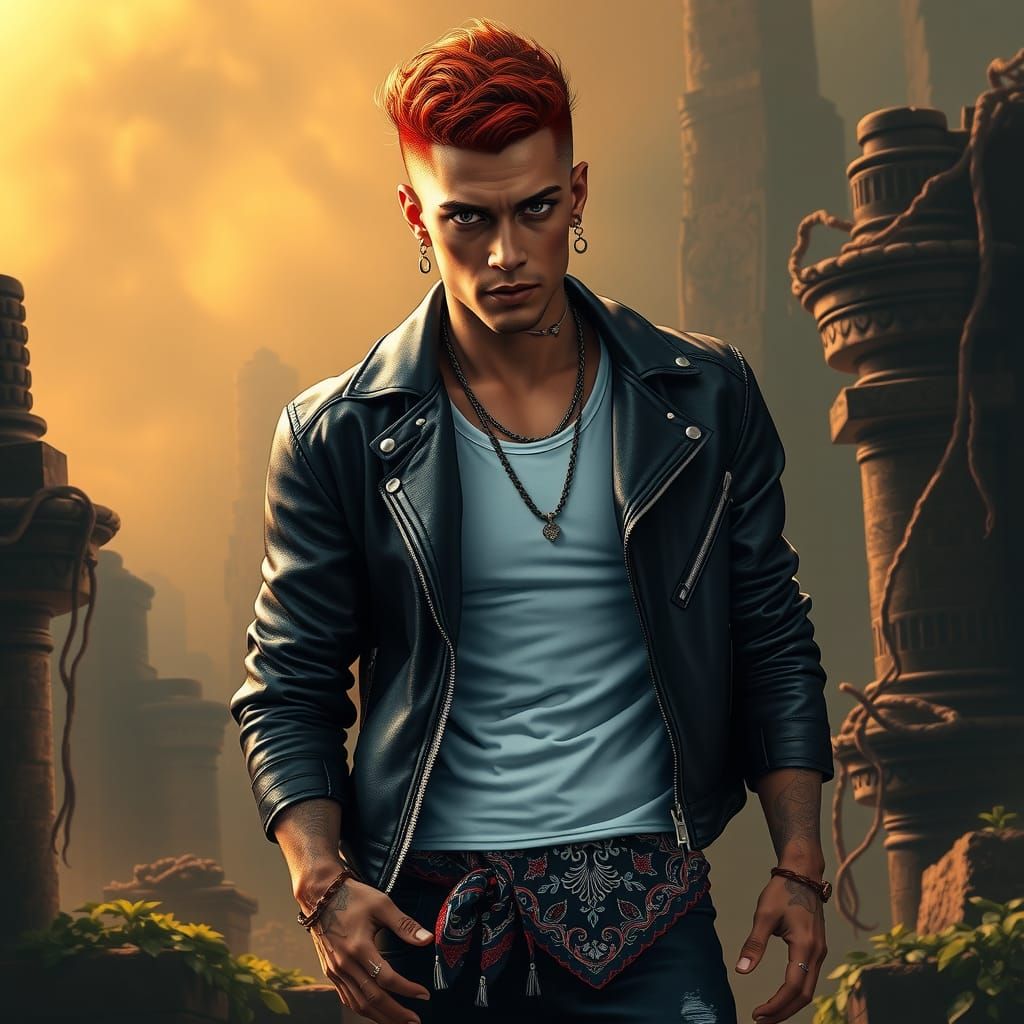 Intense Red-Haired Man in Mystical Ruins