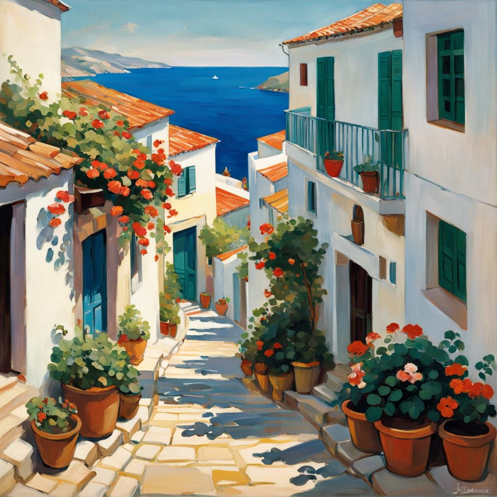 Sun-Drenched Greek Village Pathway to the Azure Sea