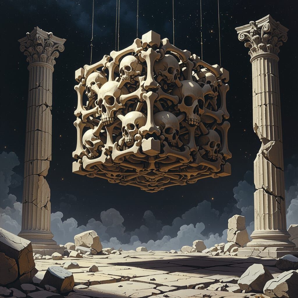 Bone Cube Supported by Pillars in Dark Void