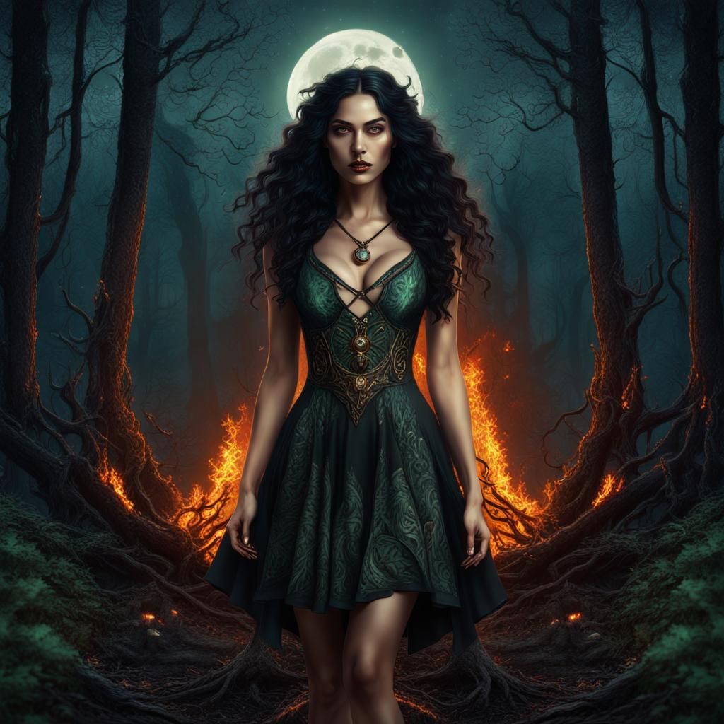 Nature Witch in Forest Firelight, Fantasy Concept Art