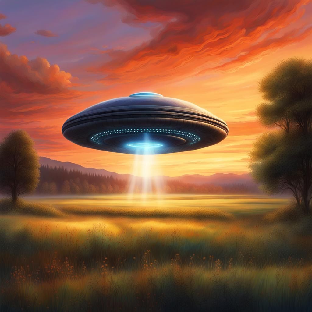 UFO Landing in Countryside Meadow: Digital Matte Painting