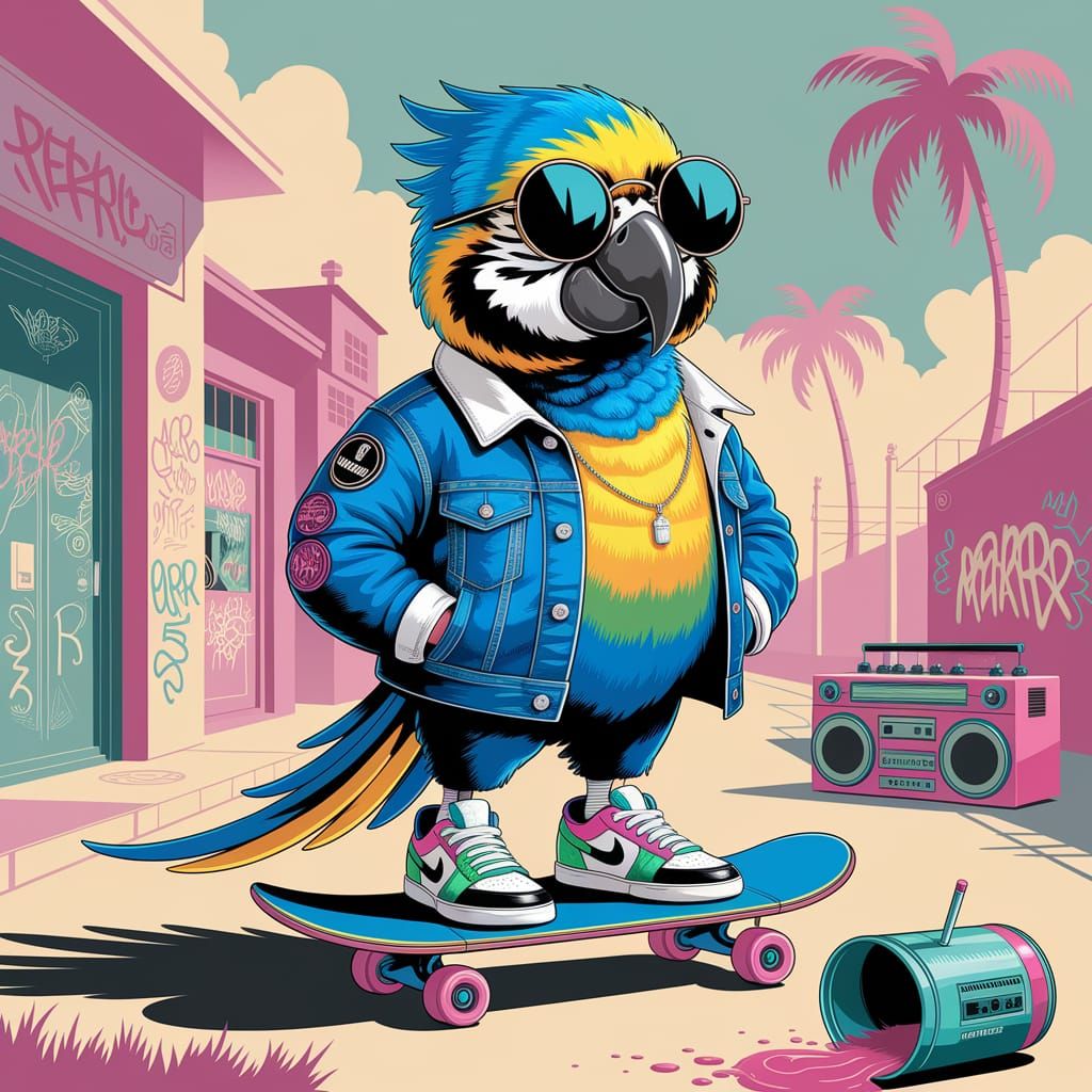 Cool Parrot on Skateboard in Urban Scene