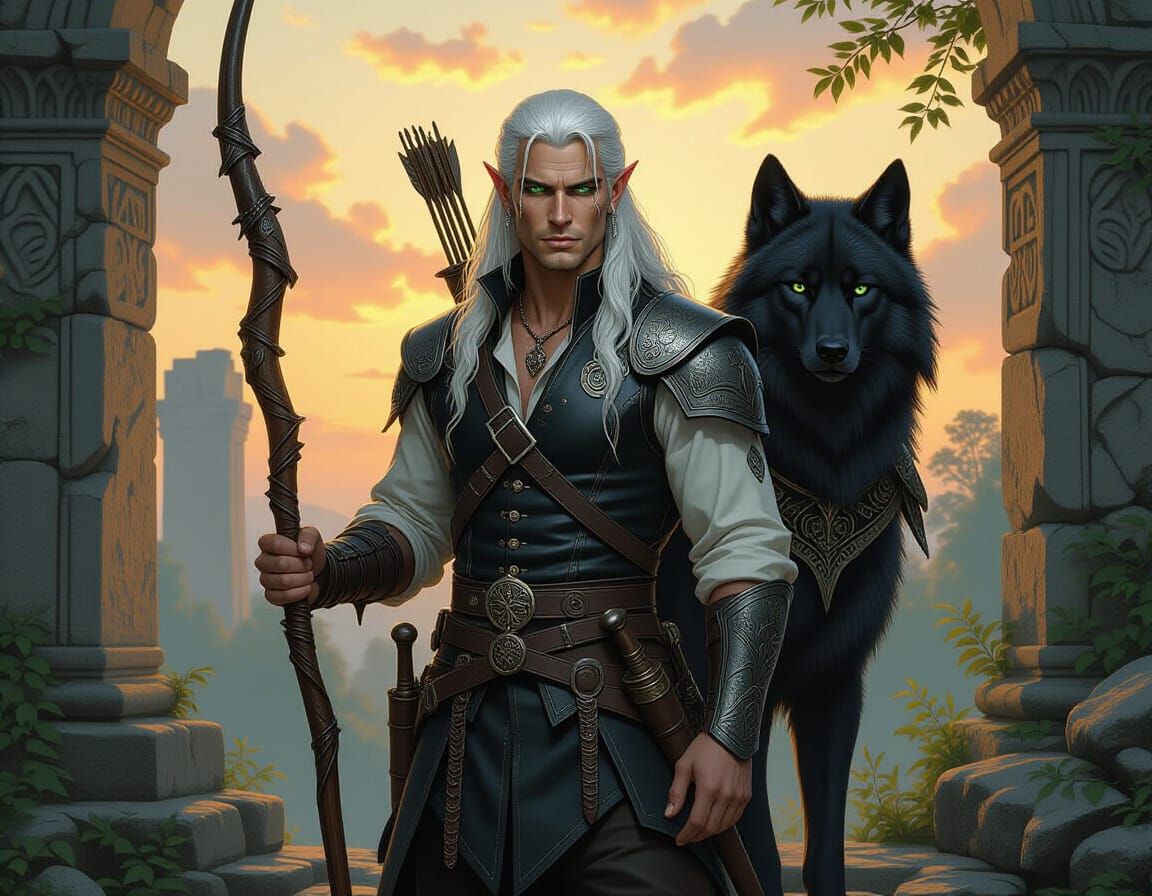 Elf Warrior and Wolf in Ancient Ruins