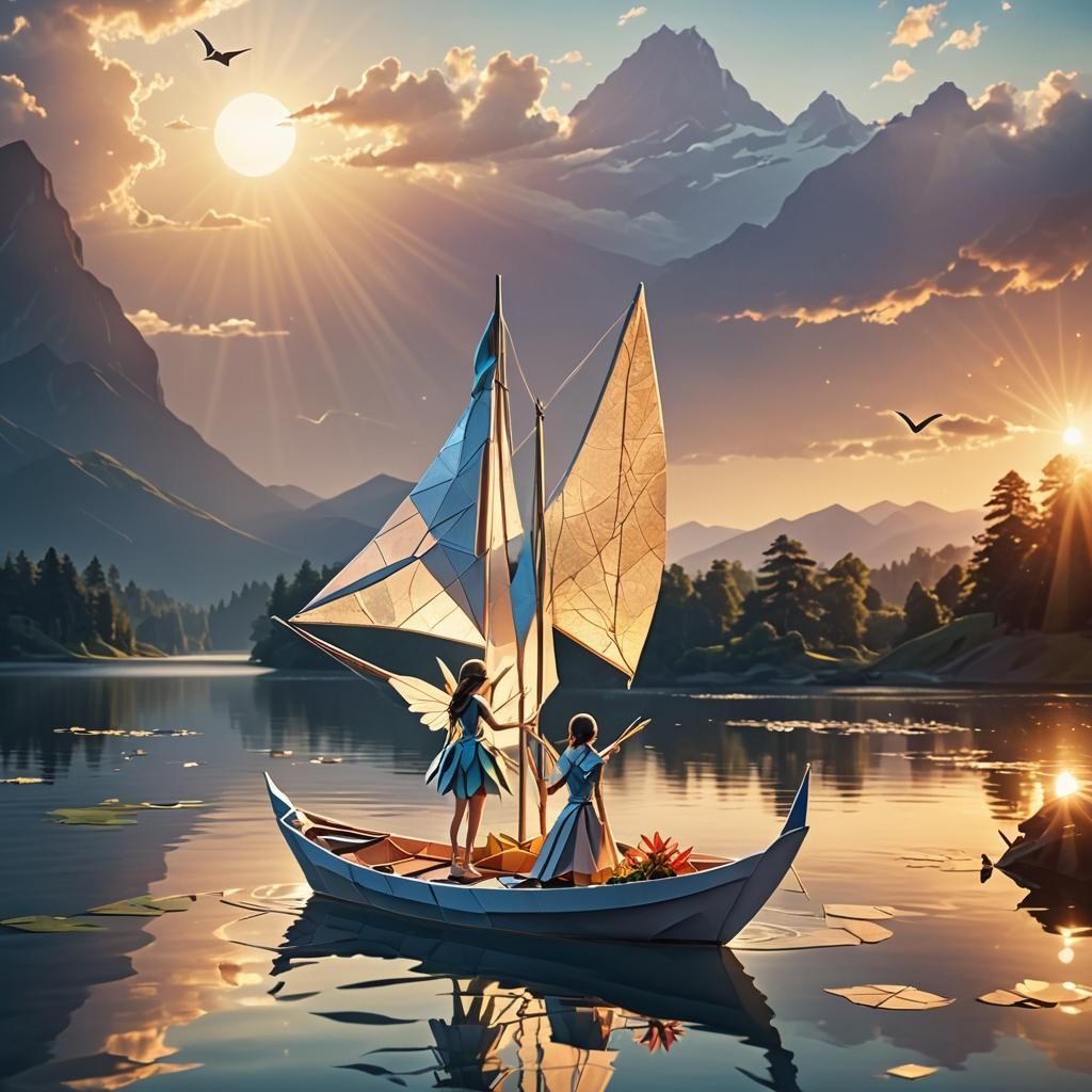 Fairy in Origami Boat at Sunrise