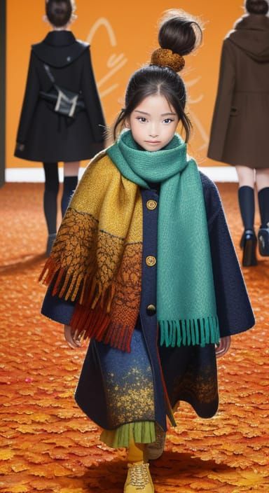 Children's Autumn Fashion Show in Whimsical Digital Art
