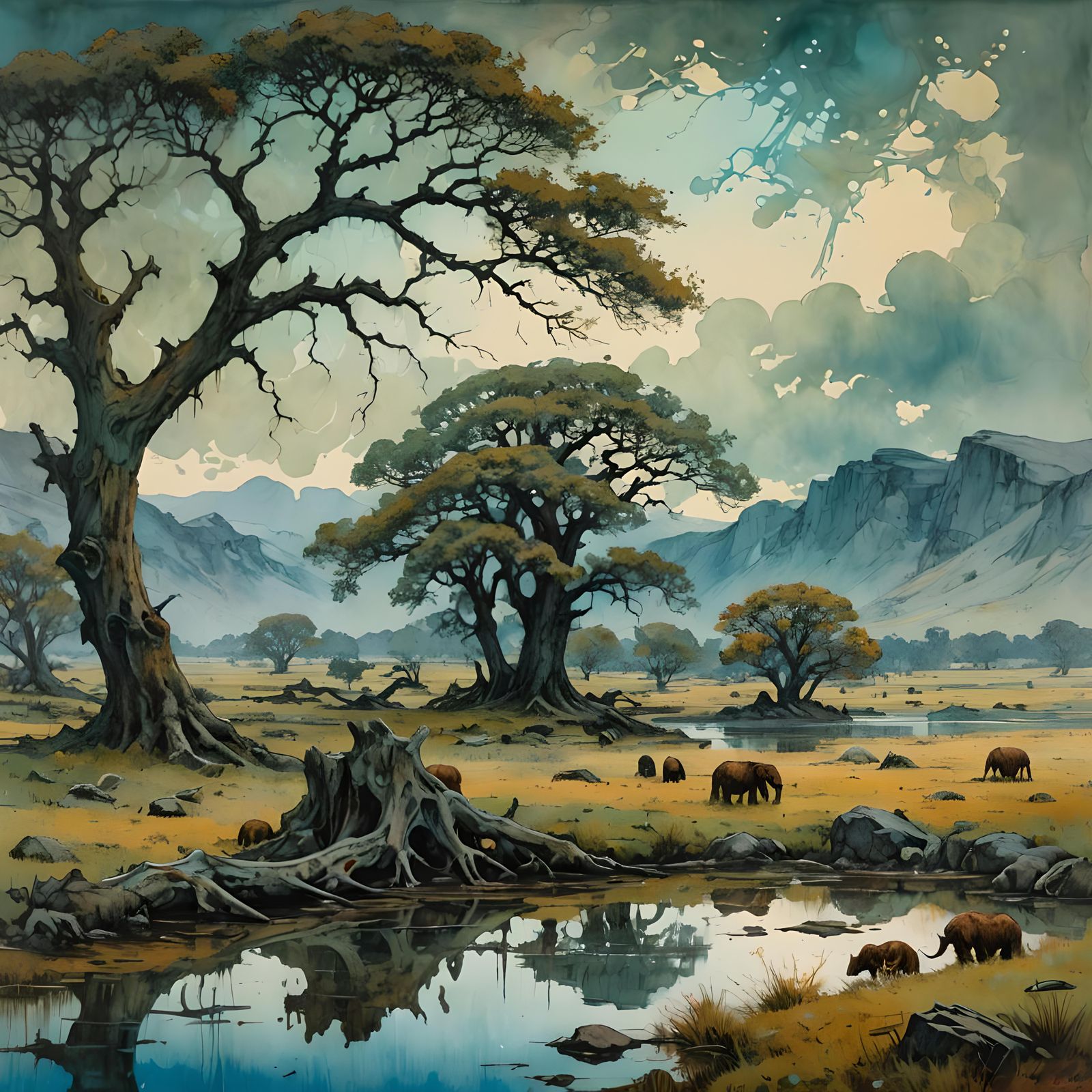 Prehistoric Landscape with Mastodons in Expressionist Style