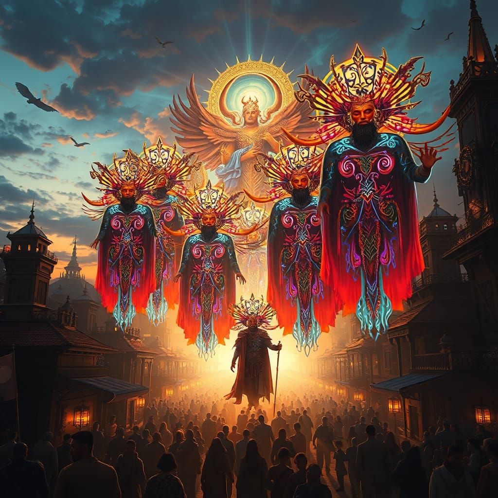 Gods Descend on Mortal City in Ethereal Matte Painting Style