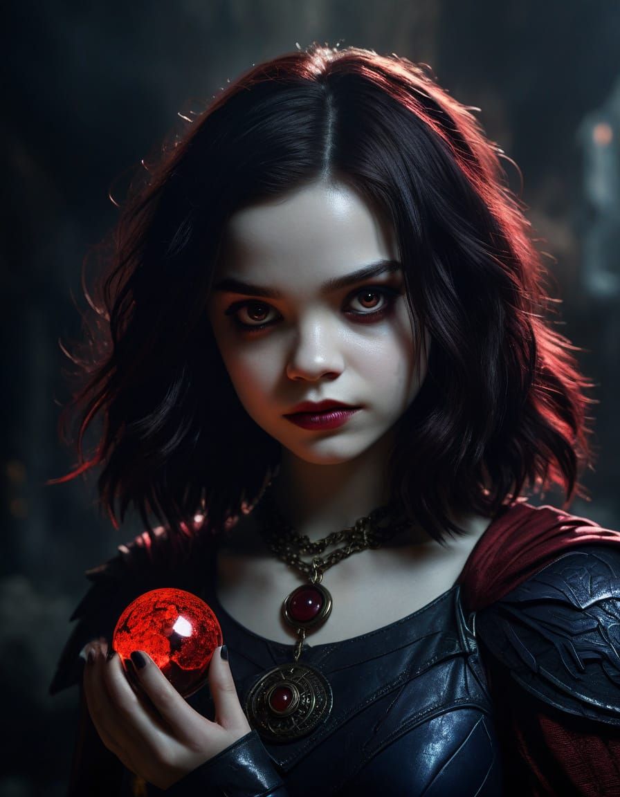 Raven Superheroine with Red Amulet in Comic Book Style