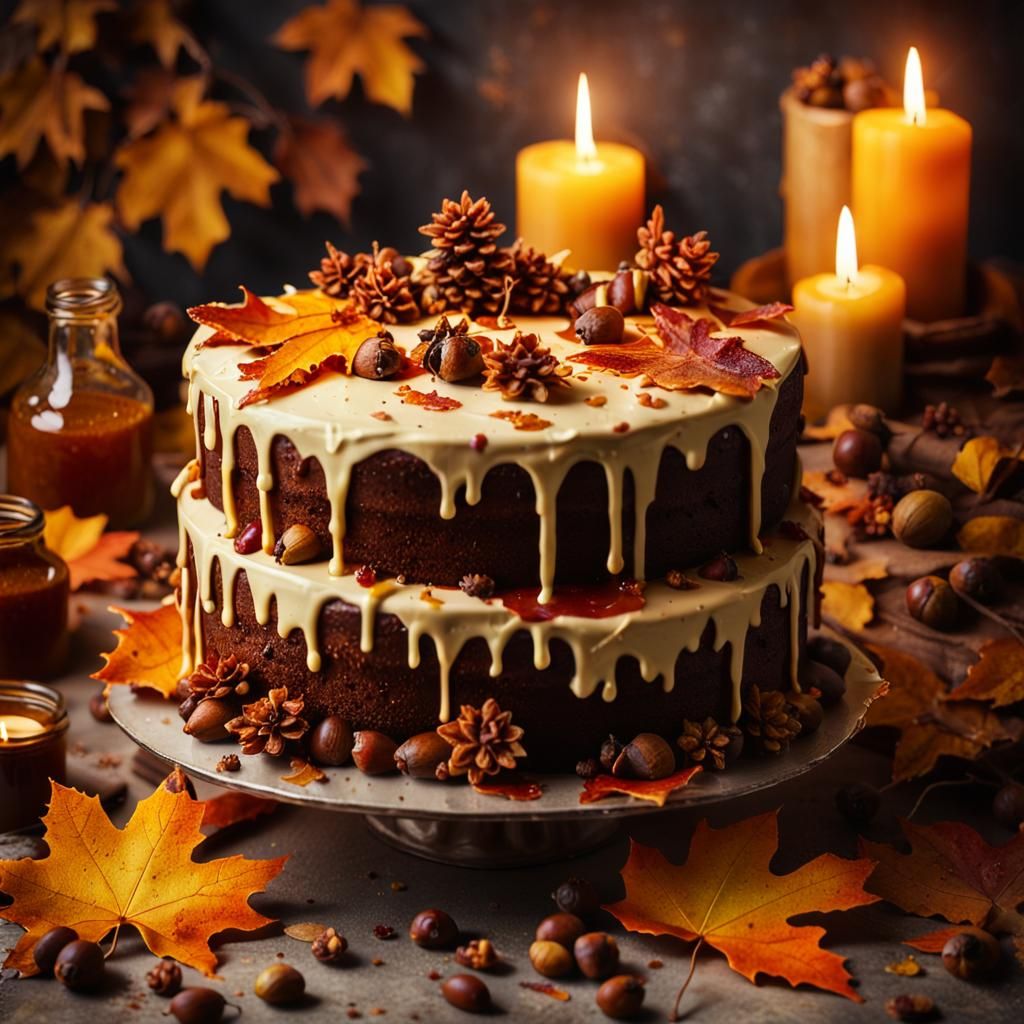 Epic Autumn cake with maple leaves decorations,