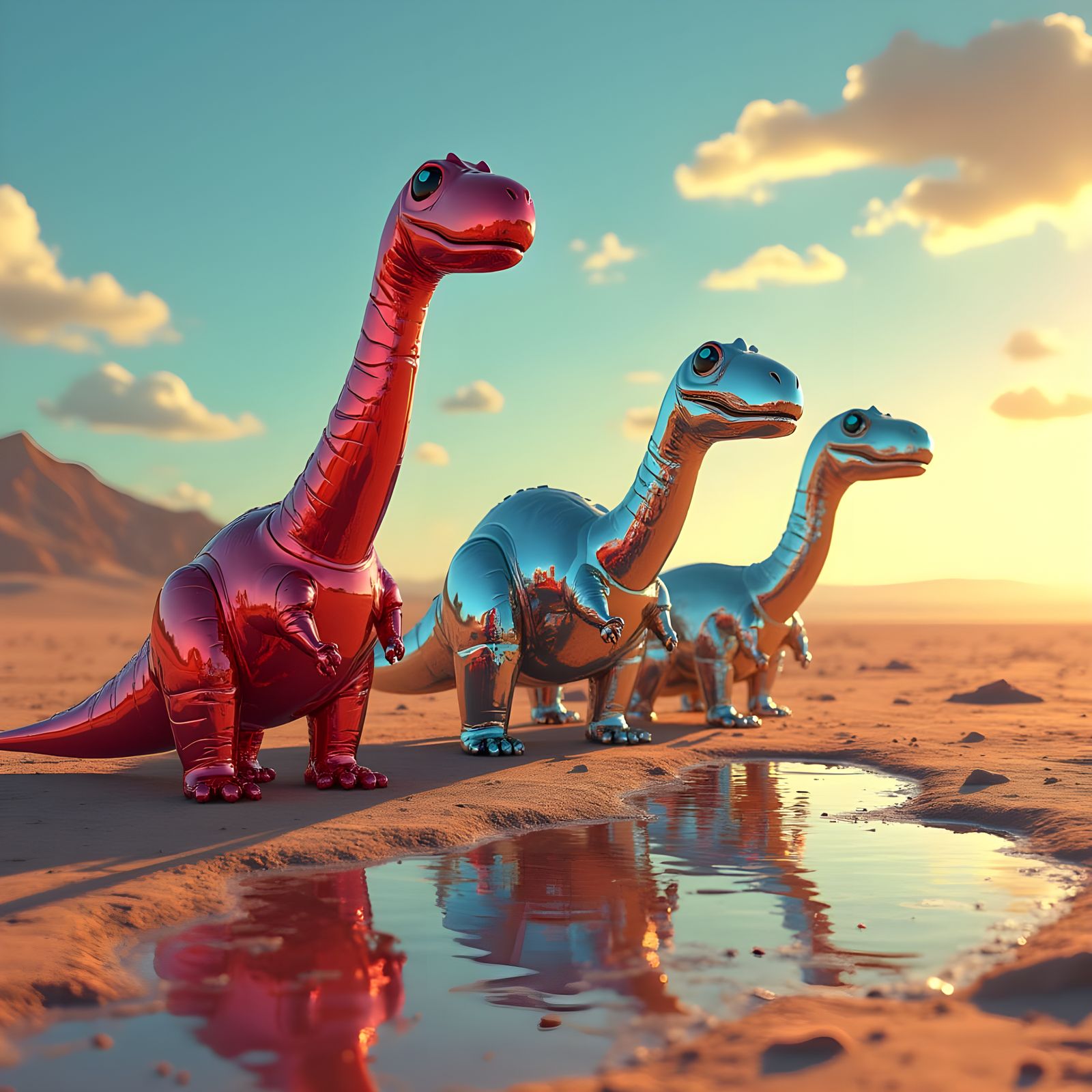 Chrome Dinosaur Balloons in Desert Sunset