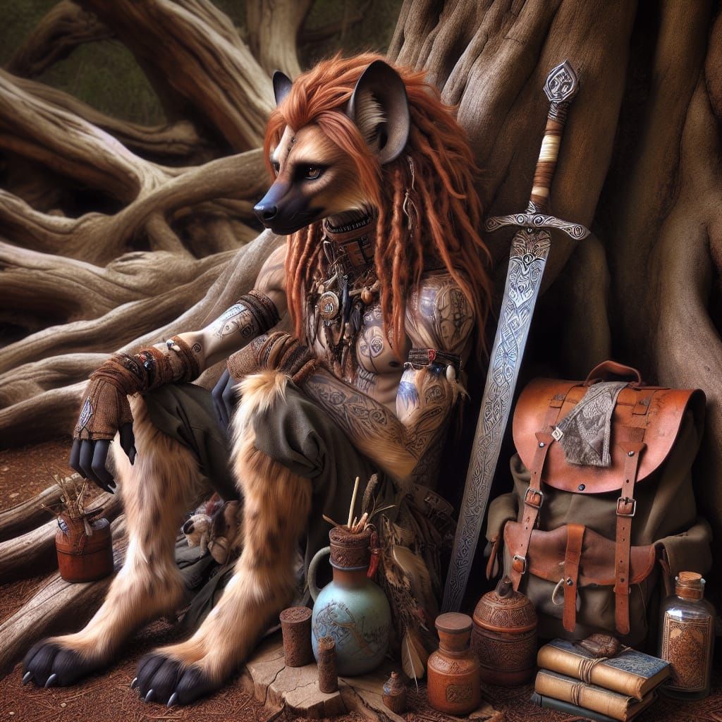 anthropomorphic hyena traveller resting