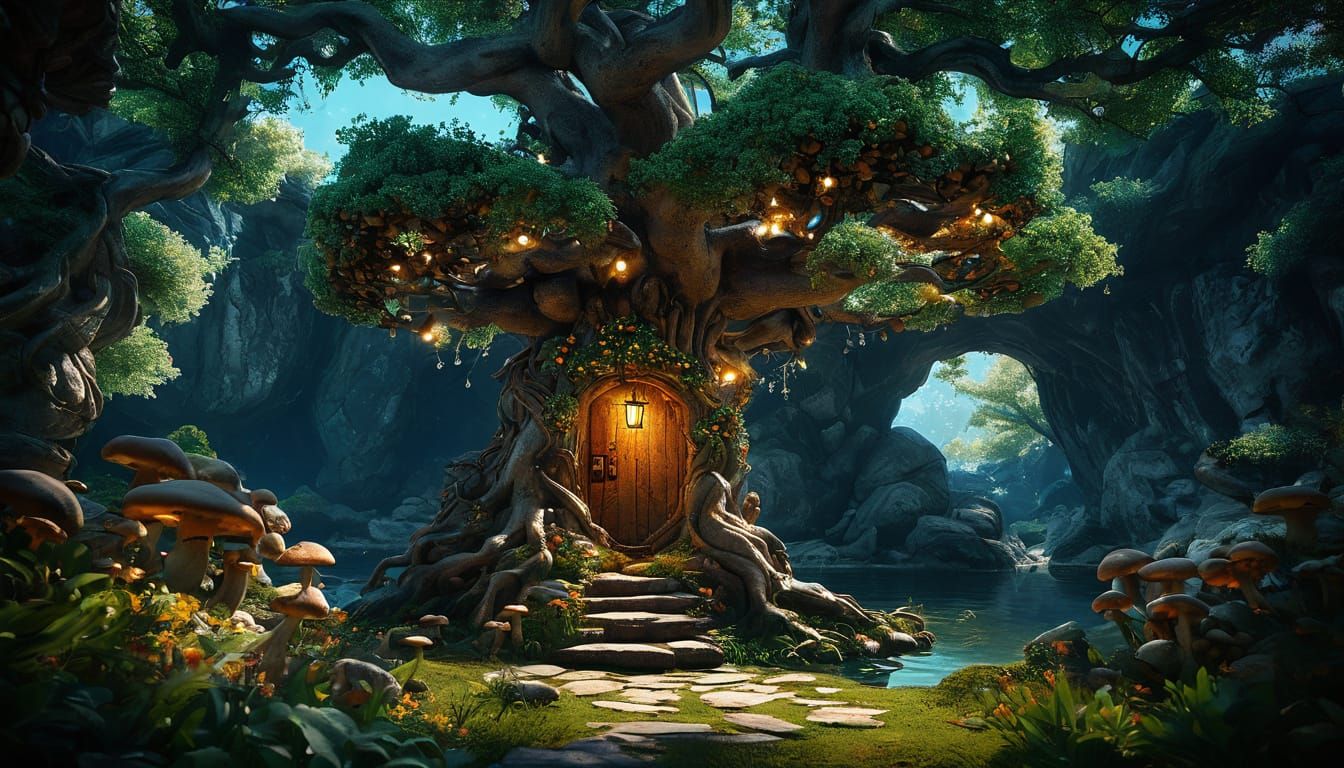 Whimsical World Hidden in Ancient Tree: 3D Masterpiece