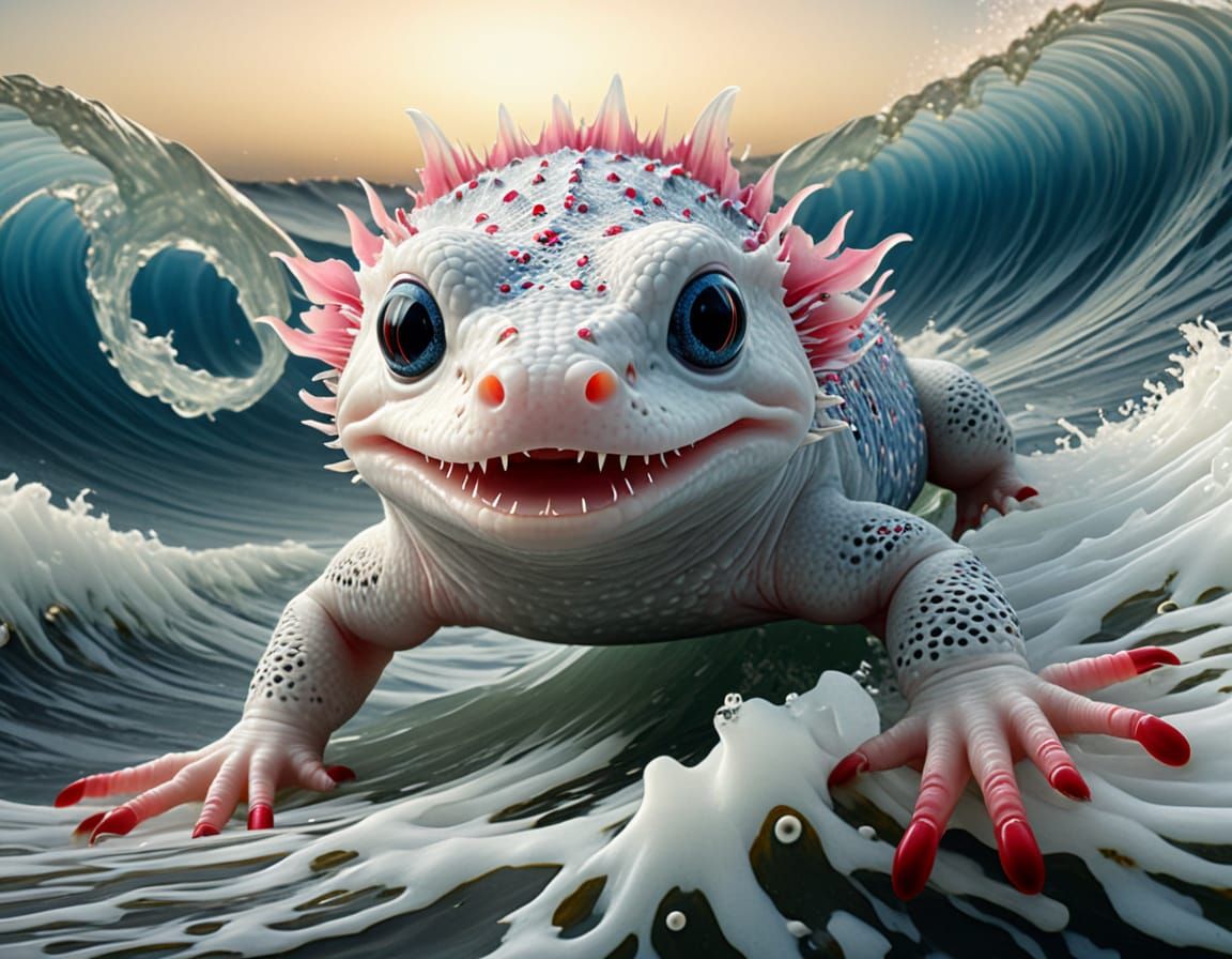 Delicate Axolotl Rides a Japanese Wave in Stunning Photoreal...