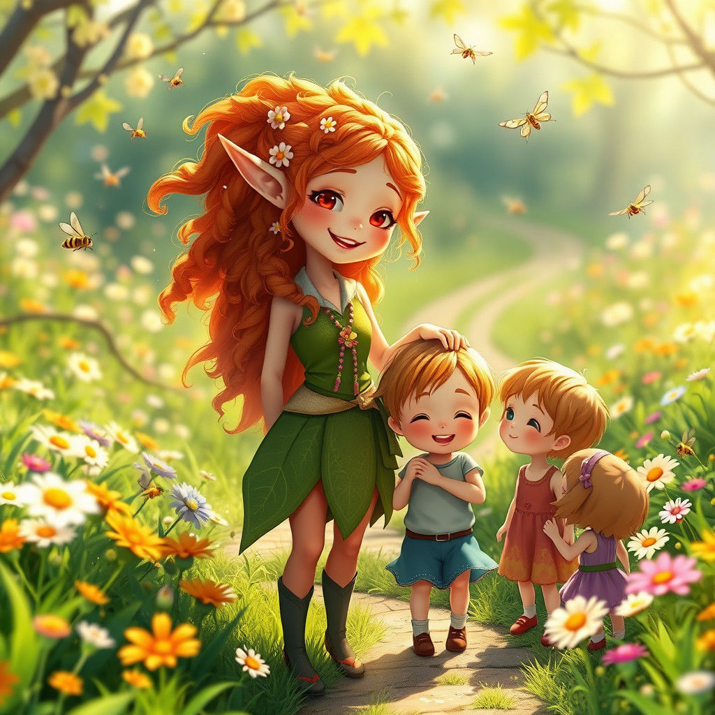 Whimsical Spring-Elf with Ginger Hair in Ghibli Style