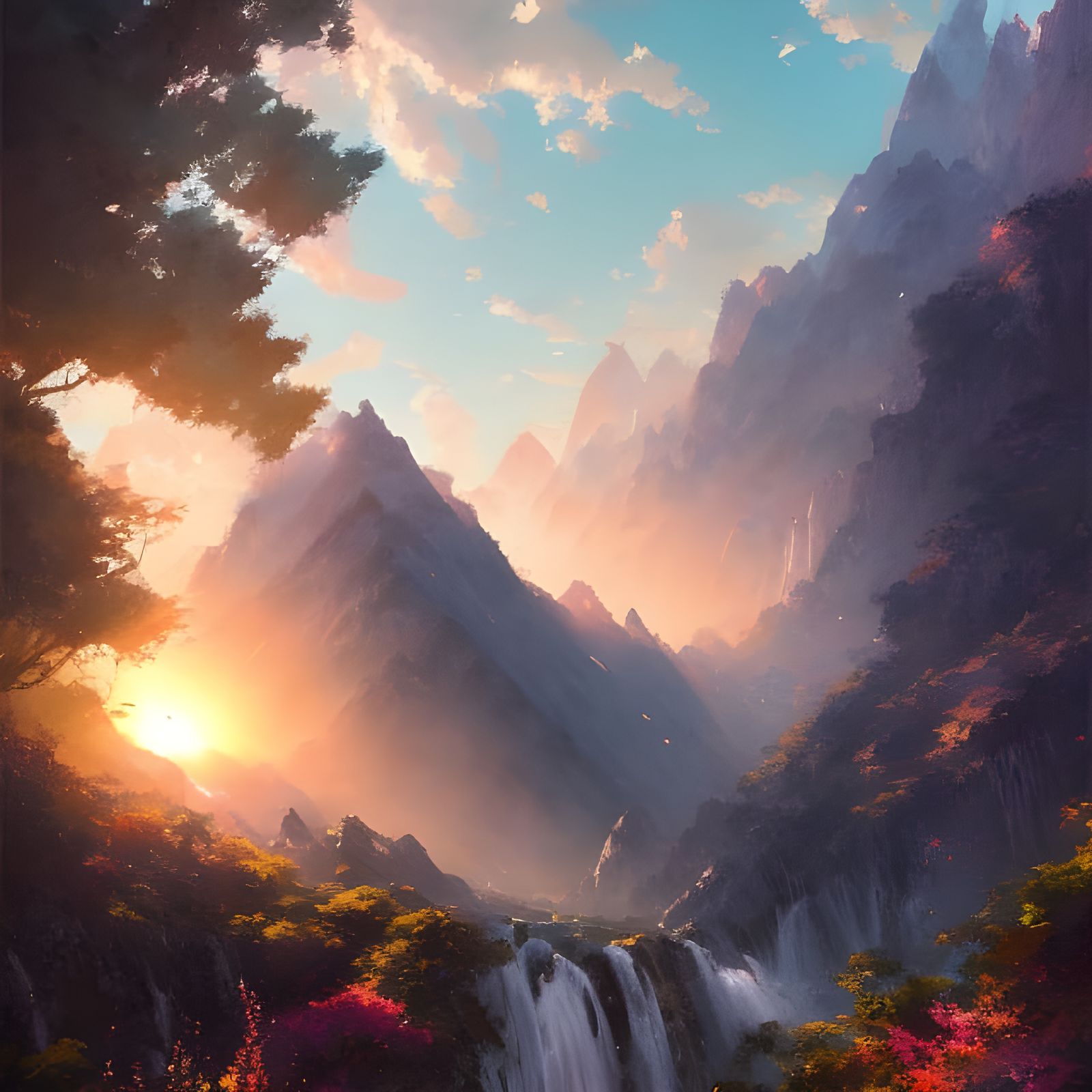 Lush Mountain Waterfalls at Sunset: Anime Art