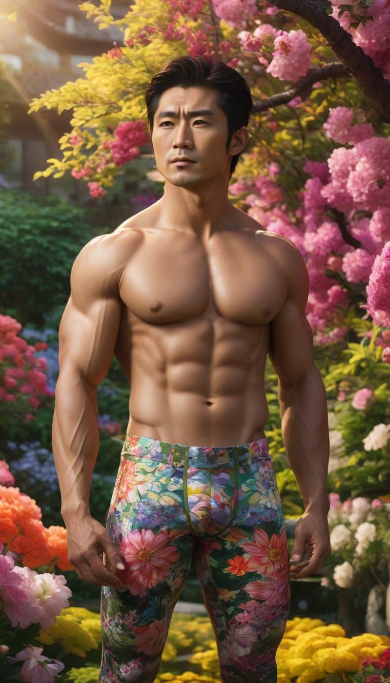 Japanese Man in Vibrant Flower Garden, Gay Art Style