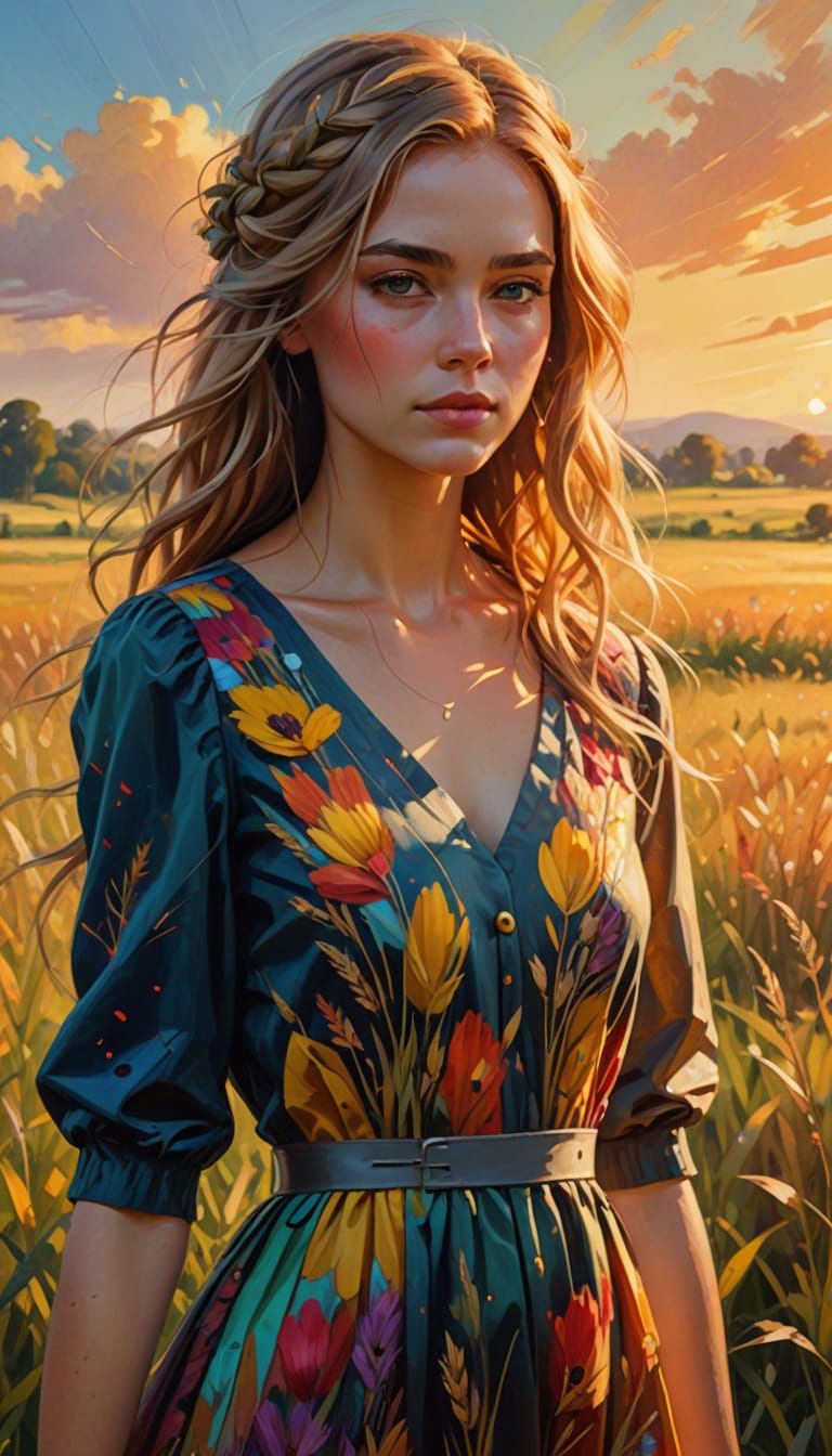 Girl in Field: Vibrant Oil Painting Concept Art