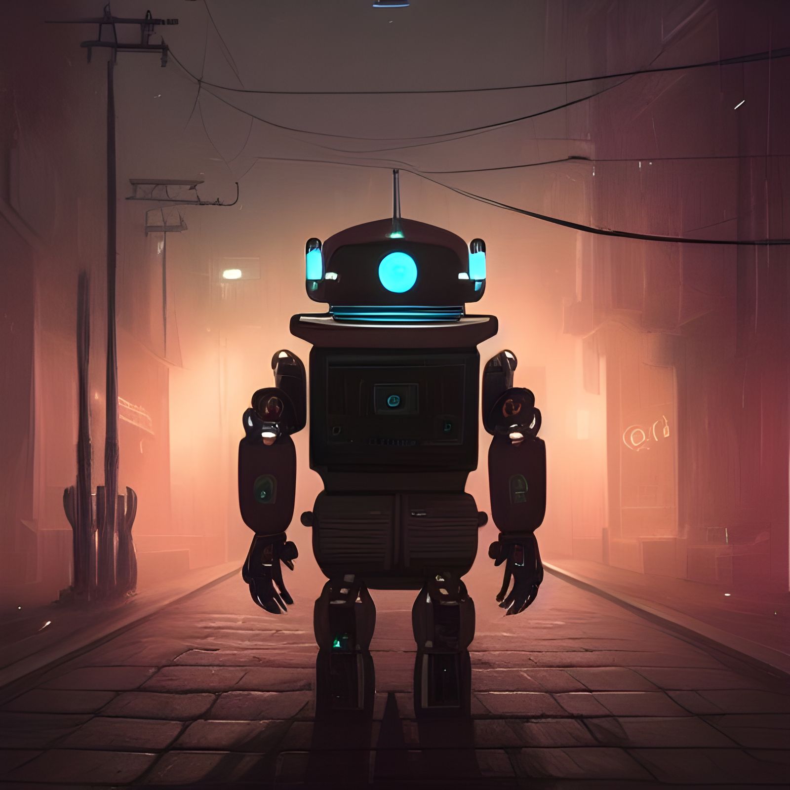 Creepy Android in Dark City Street, Dark Fantasy Art