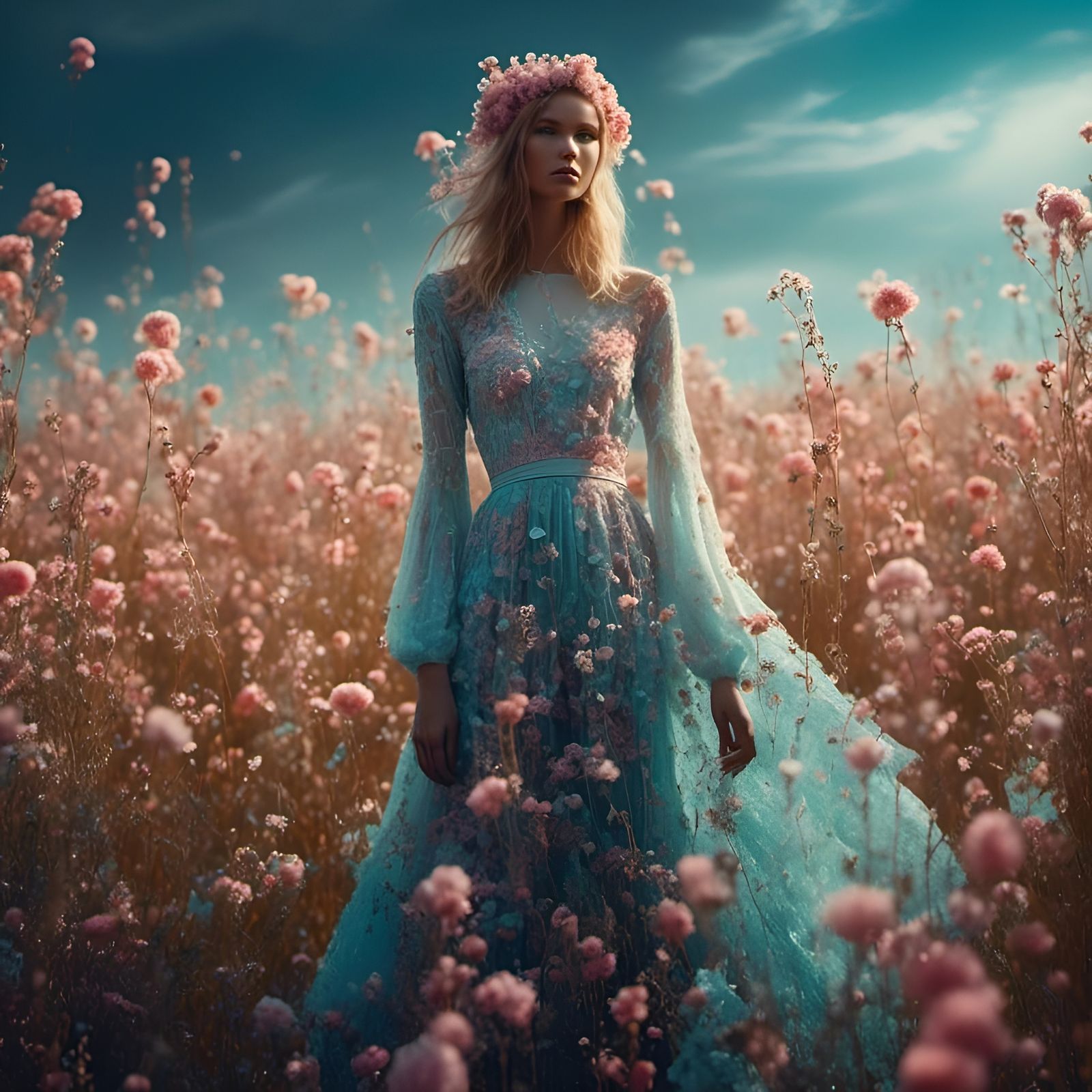 Ethereal Figures in Neon Lit Wildflower Field