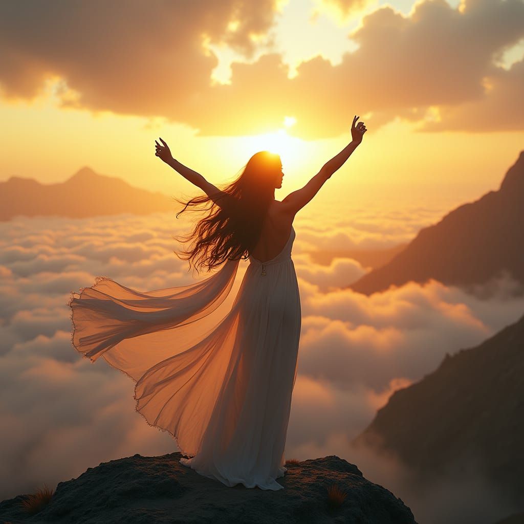 Elegant Woman Triumphs at Sunrise on Majestic Mountain