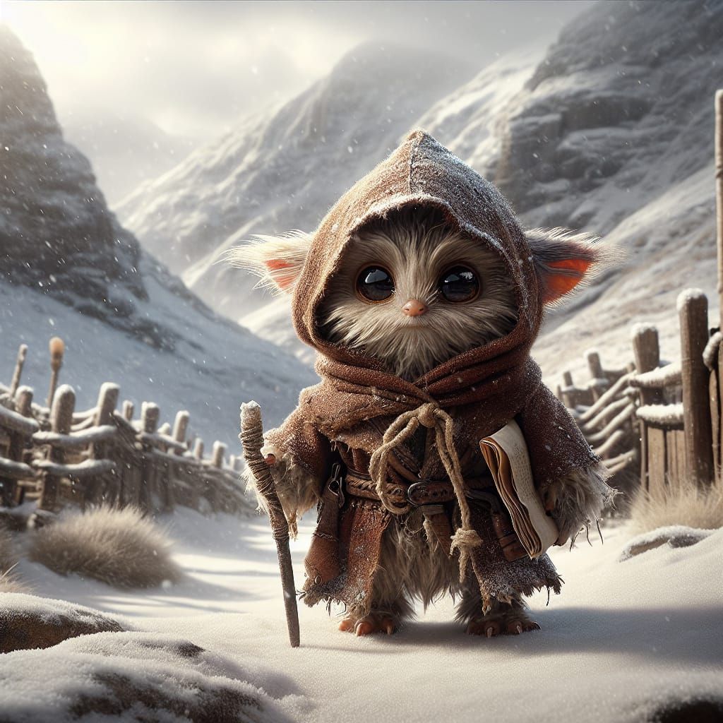 A Plush Creature Strolls through Snow-Capped Mountains in Ph...