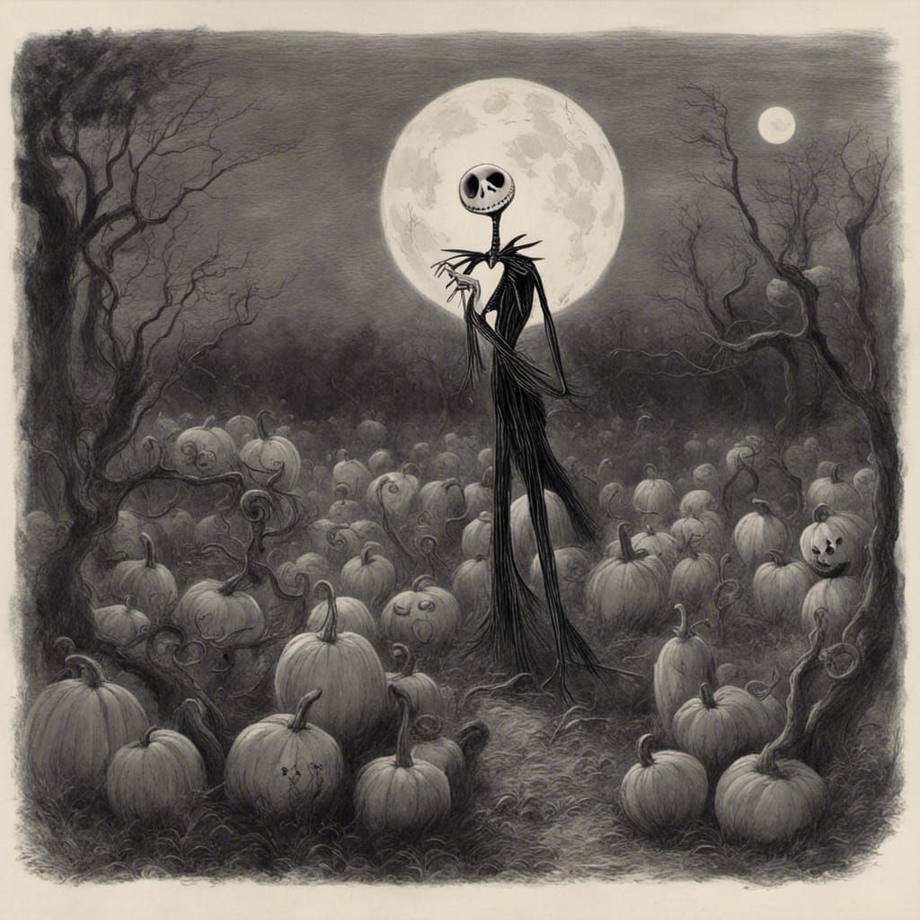 Jack and Sally in Moonlit Pumpkin Patch