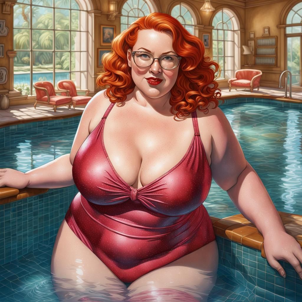 Pin-Up Style Redhead in Rose Red Swimsuit