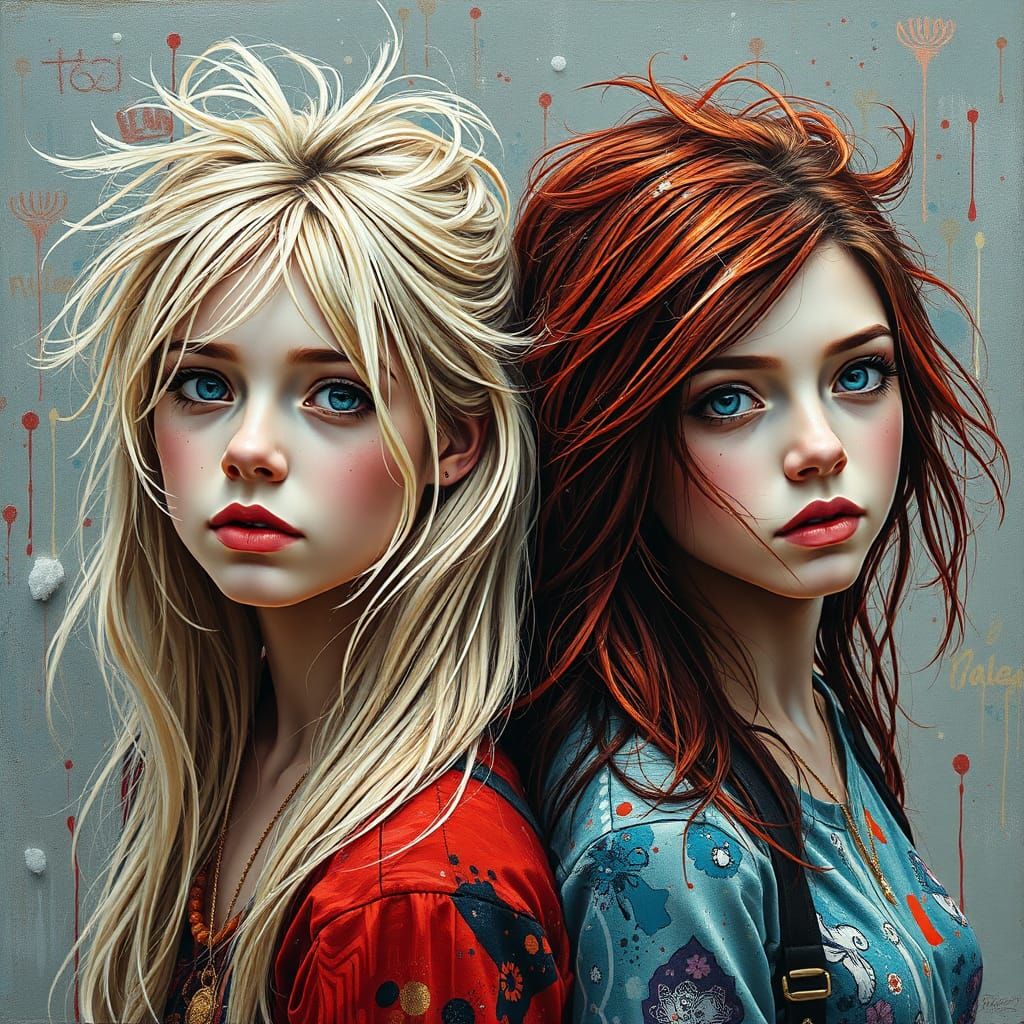 Hyperrealistic Portrait of Twin Women in Graffiti Style