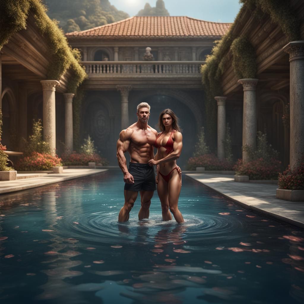 Lovely Muscle Couple in Pool: Fantasy Concept Art
