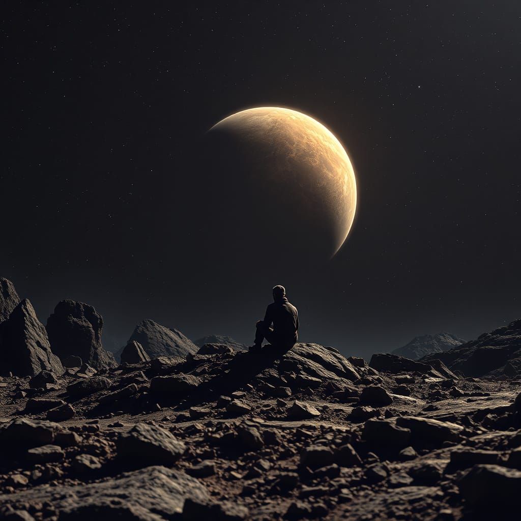 Astronaut on Asteroid Observes Earth in Exile