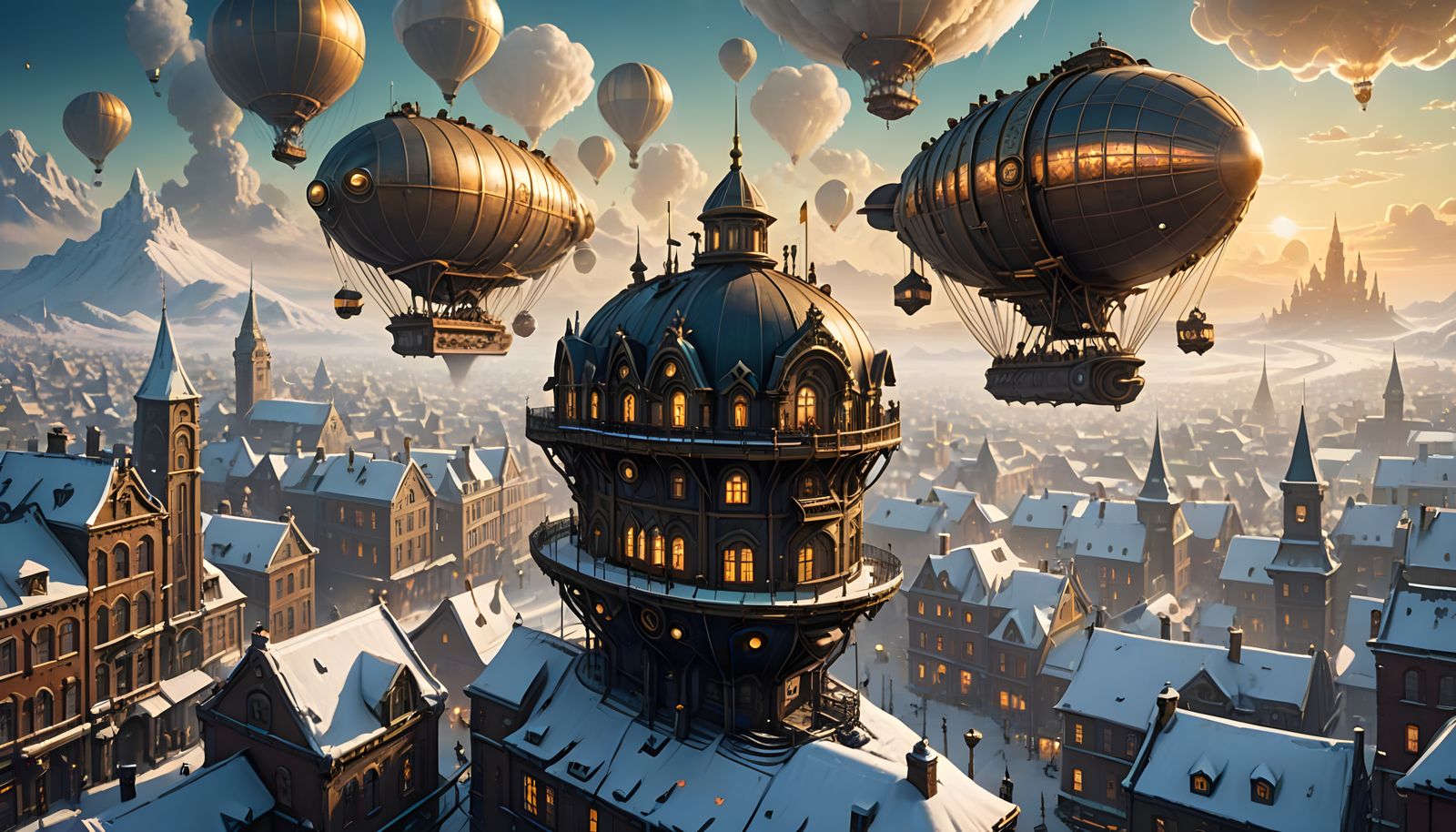 Zeppelin Ascends Over Steampunk Winter Metropolis