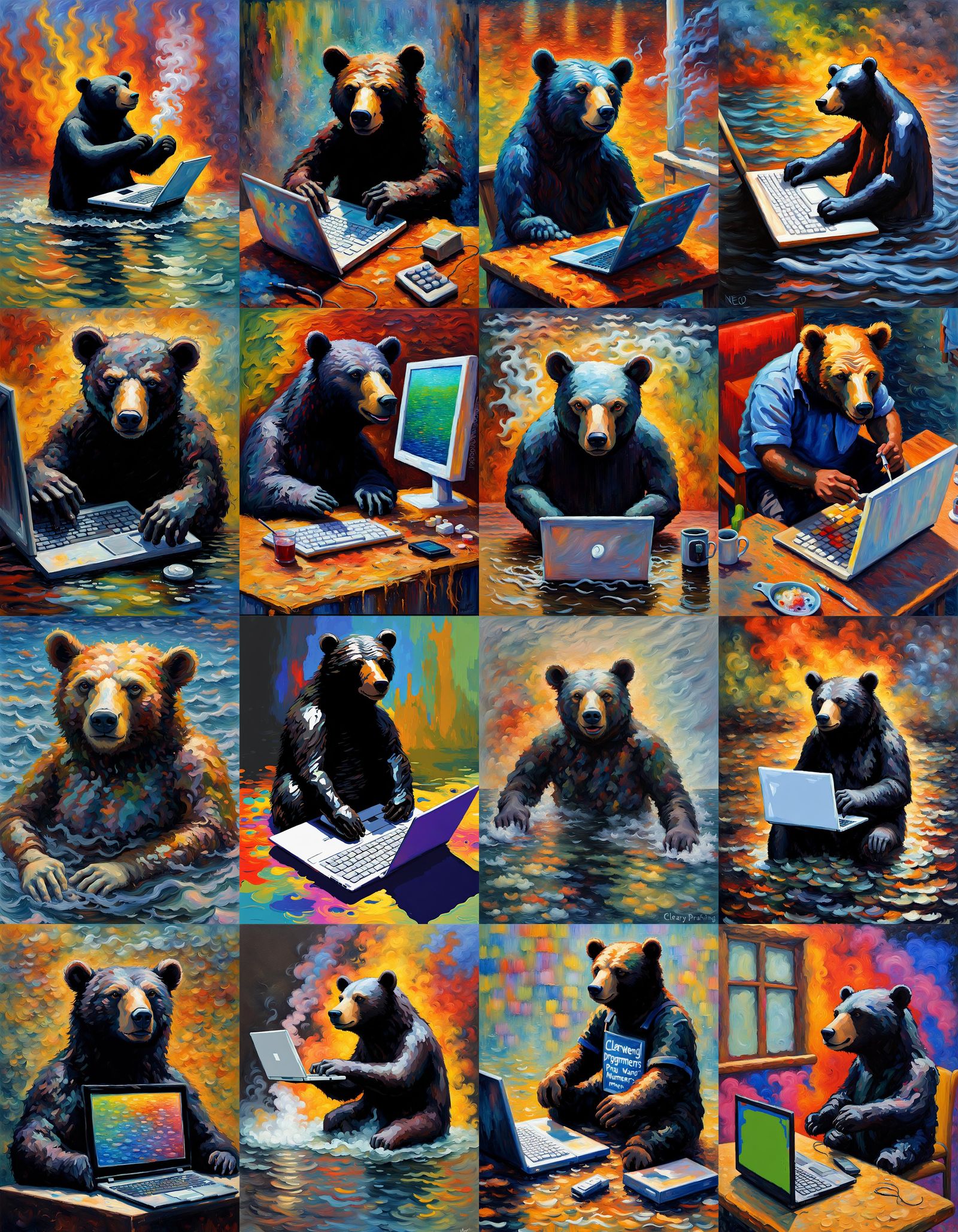 Programmer Bear Working on Laptop, in Neo-Impressionist Styl...